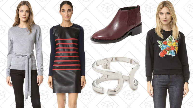 No. 21 Sweater with Front Tie, $66 | Cedric Charlier Stripe Leather Dress, $259 | 3.1 Phillip Lim Alexa Chelsea Studded Booties, $223 | Marc Jacobs Icon Open Hinge Cuff Bracelet, $73 | D, $89